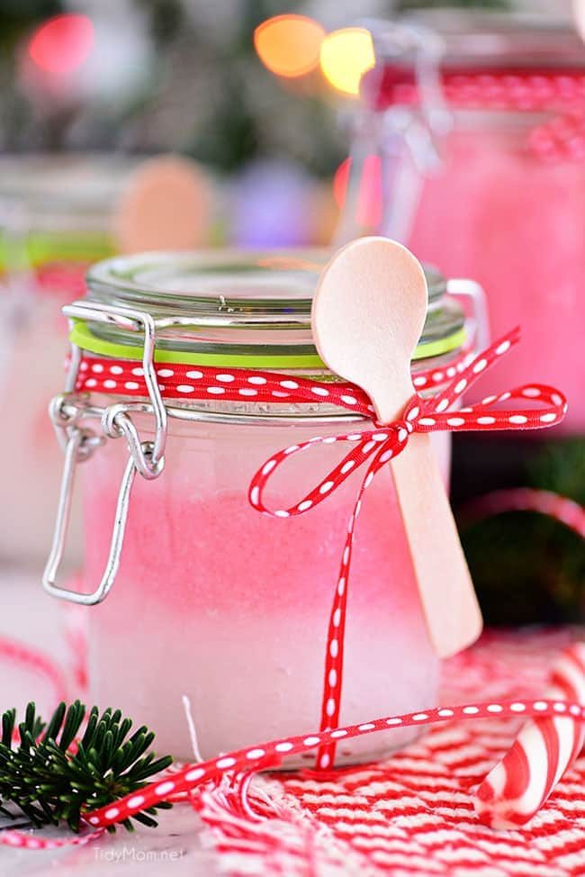 Handmade 3 ingredient Peppermint Sugar Scrub in a jar with spoon