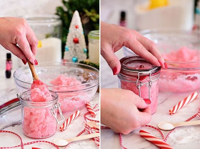 mixing up 3 ingredient Peppermint Sugar Scrub and putting it in a gift jar