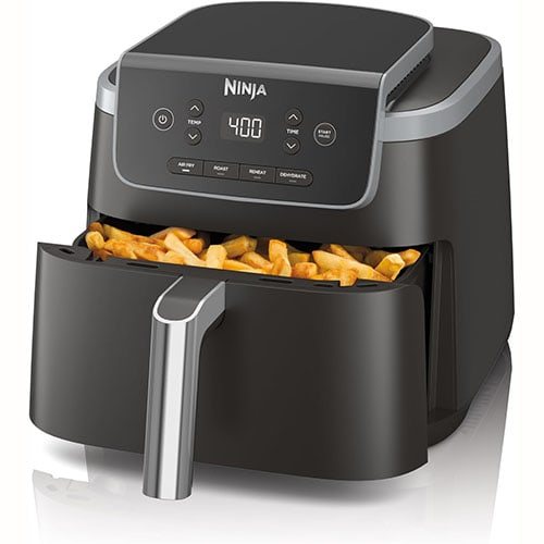 Black Ninja air fryer with basket drawer open