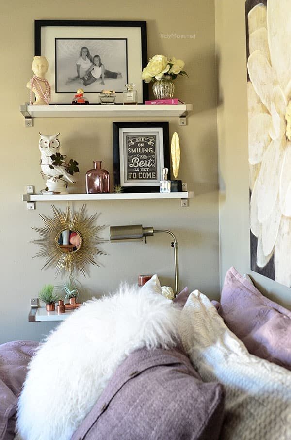 Amethyst & Grey Guest Room with Ikea Ekby Shelves at cetcu.com