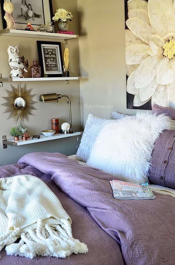 Amethyst & Grey Guest Bedroom with Ikea Ekby Shelves at cetcu.com