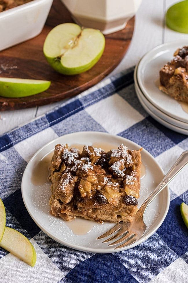 bread pudding on a plate with a fork