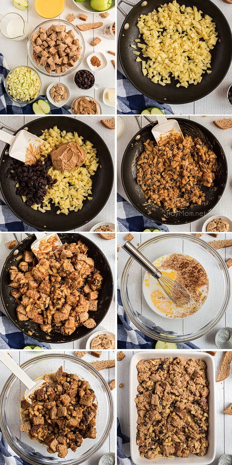 photo collage of steps on how to make apple bread pudding