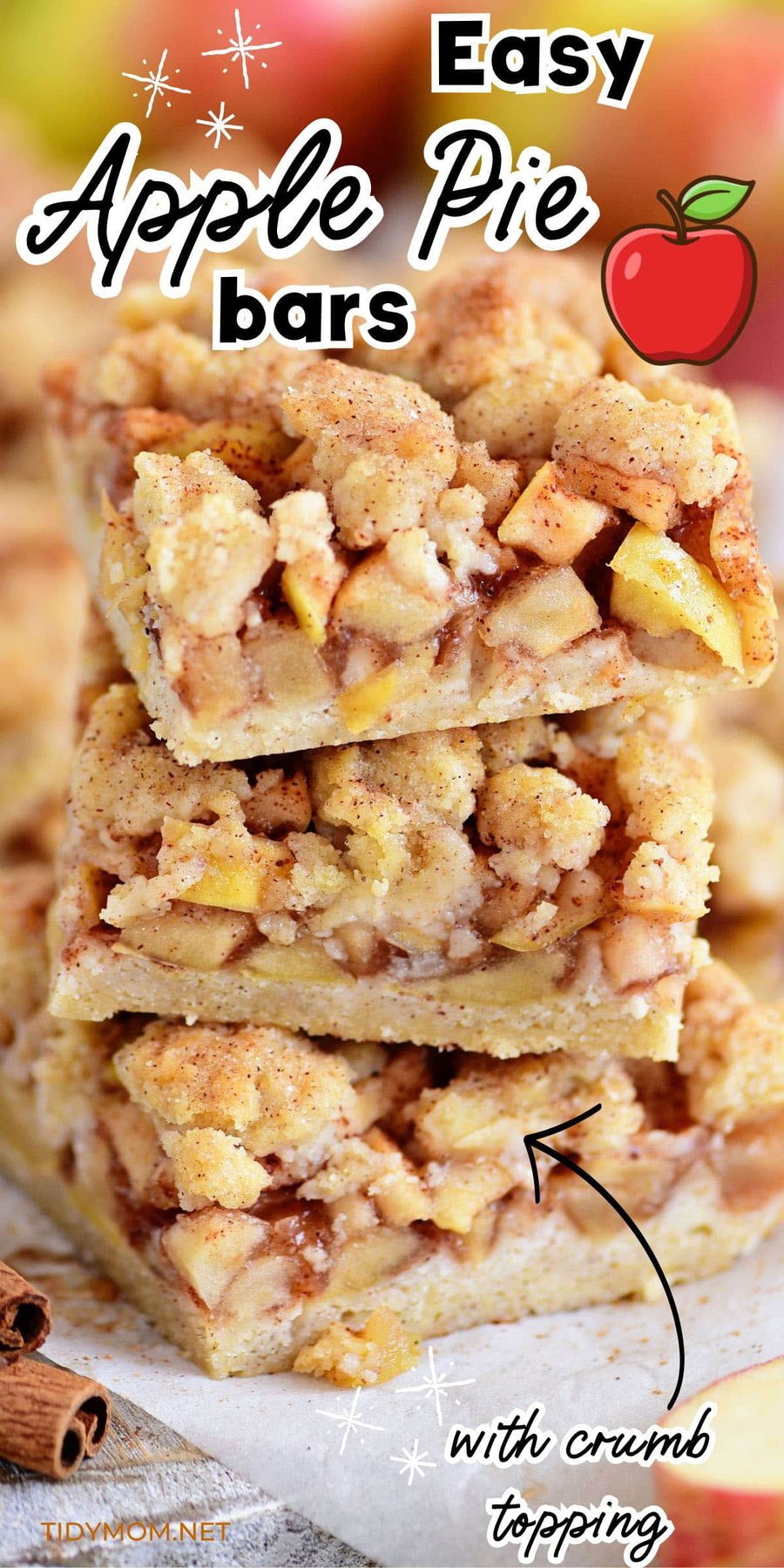 a stack of apple pie bars with crumb topping
