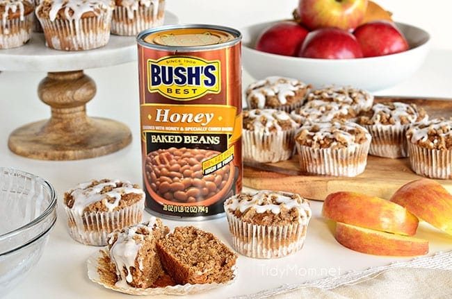 Apple Spice muffins with Streusel Topping with a can of Bush's bake beans