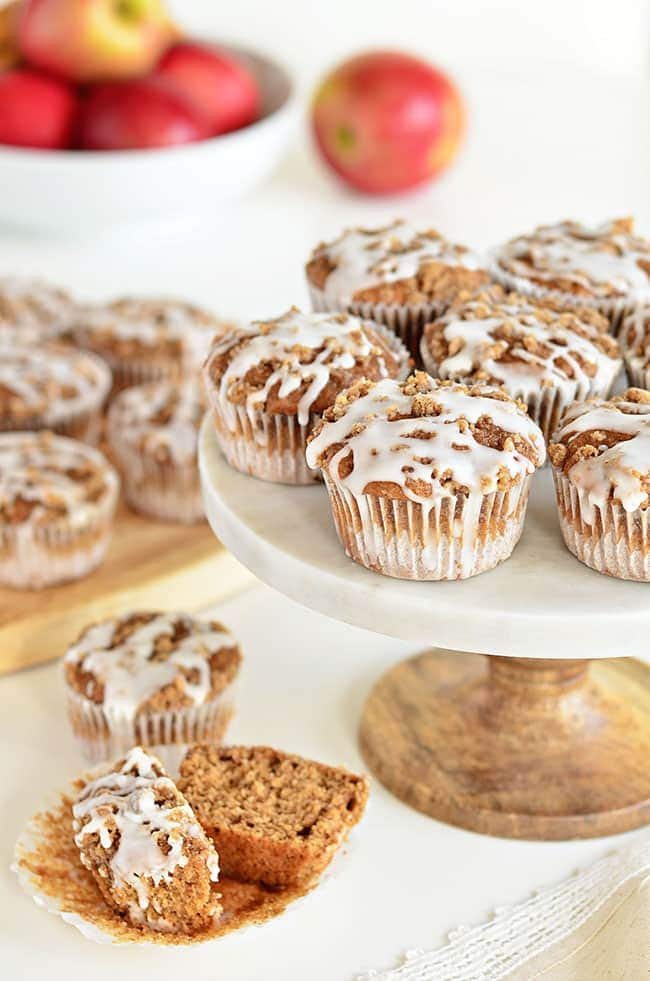 These Apple Spice muffins with Struesel Topping have a suprise ingredient that packs them with fiber!! Applesauce, spices, baked beans, crumb topping, vanilla glaze combine to create a delicious breakfast treat or afternoon snack. Bake a batch and enjoy the warm fall flavors! muffin recipe at cetcu.com