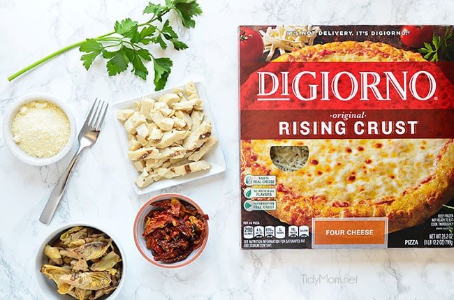 Girls Night Pizza Party! Customize a DIGIORNO Originial Rising Crust Four Cheese with your own toppings, like roasted artichokes, sun-dried tomatoes, grilled chicken and parmesan cheese.