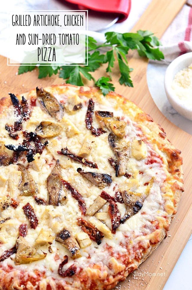 Customize an oven-ready cheese pizza with your own toppings. Grilled artichokes, chicken sundried tomato pizza topped with parmesan cheese was a big hit at our Girls Night Pizza Party! Details at cetcu.com
