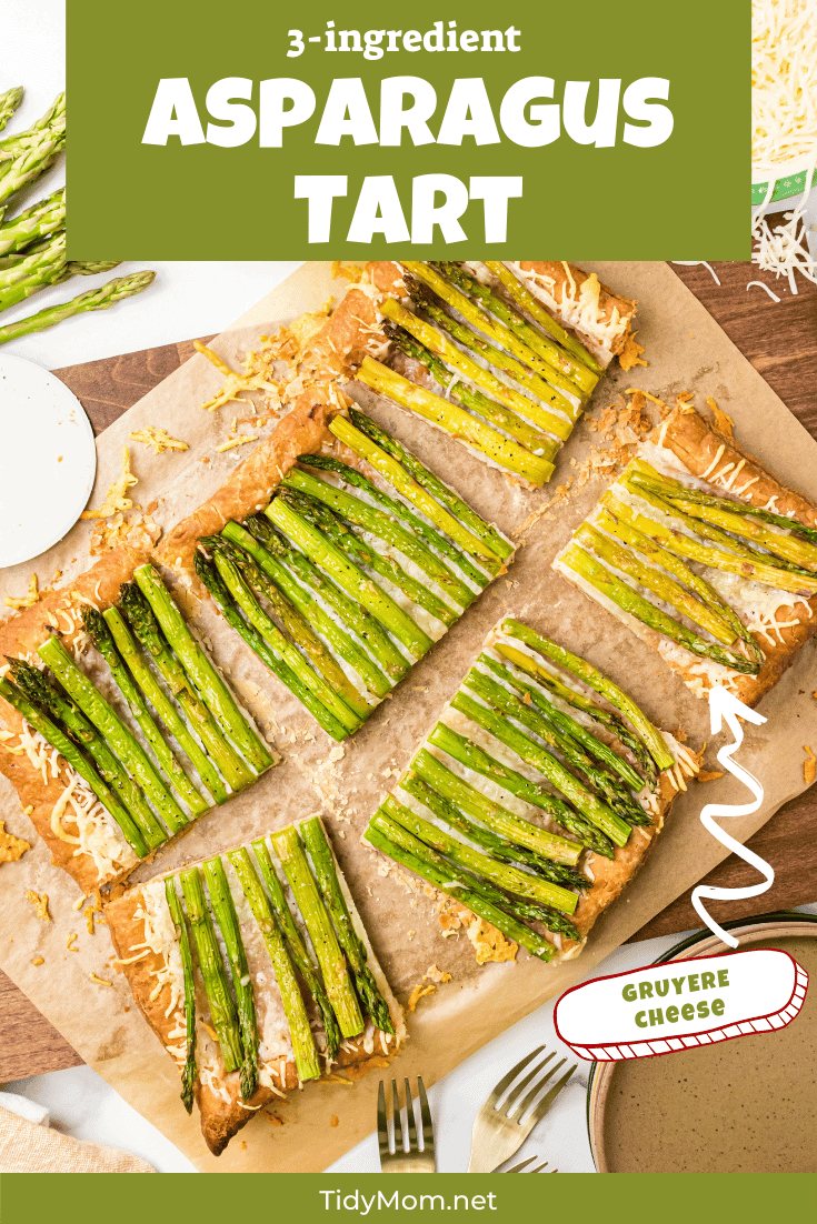 delicious Asparagus gruyere tart cut into servings on a counter