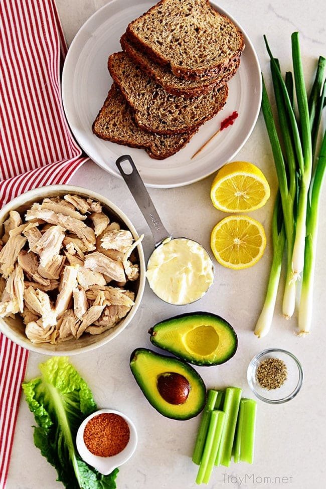 avocado chicken salad ingredients on a counter