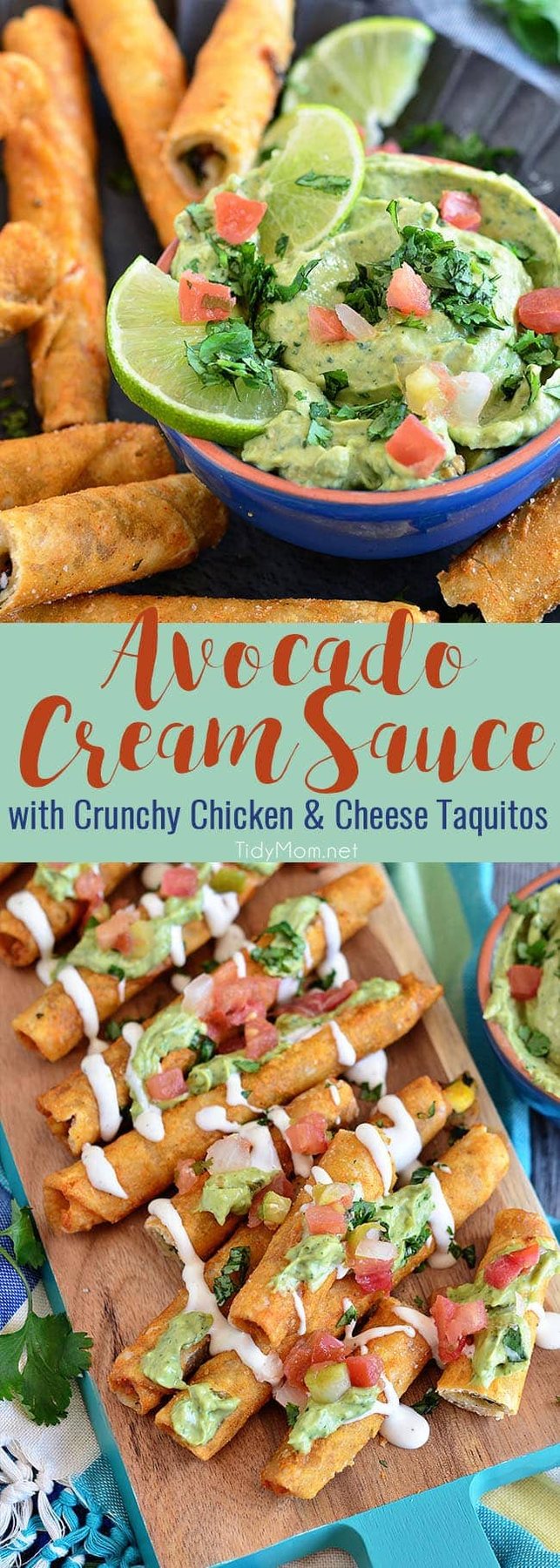 Creamy avocados, a little sour cream, and a whole lot of cilantro create a dreamy AVOCADO CREAM SAUCE that pairs perfectly with Extra Crunchy Chicken and Cheese Taquitos, for an after-school snack, party appetizer or meal. Recipe at cetcu.com