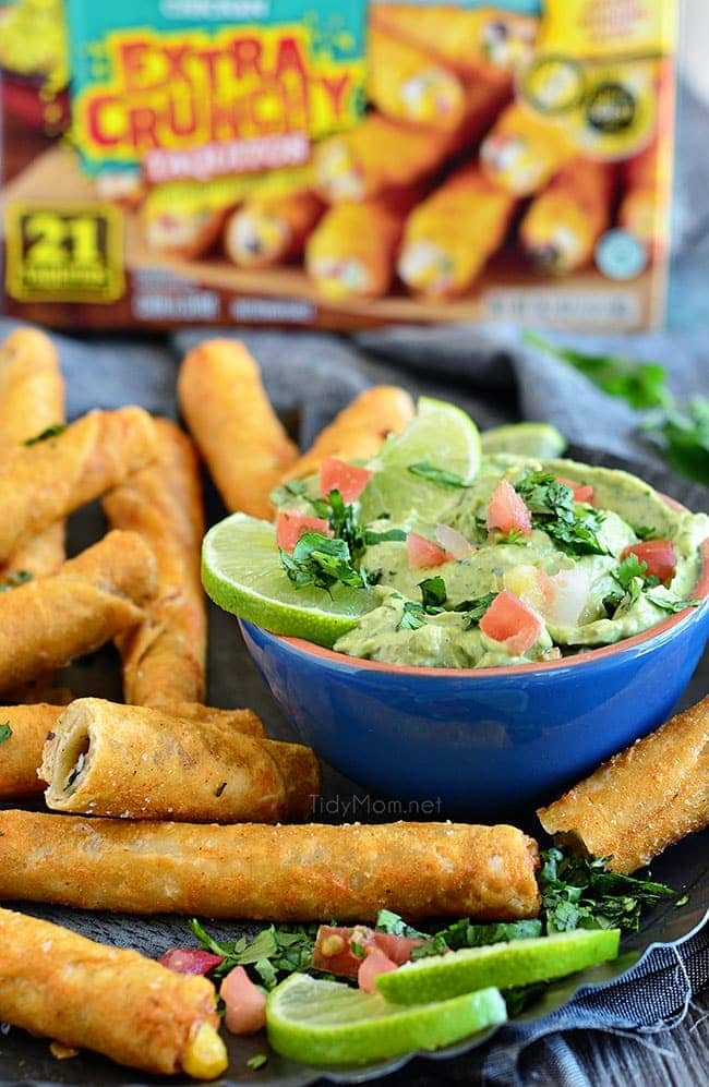 Perfect for snack time, or party time! Avocado Creme Sauce with Extra Crunchy Chicken and Cheese Taquitos at cetcu.com