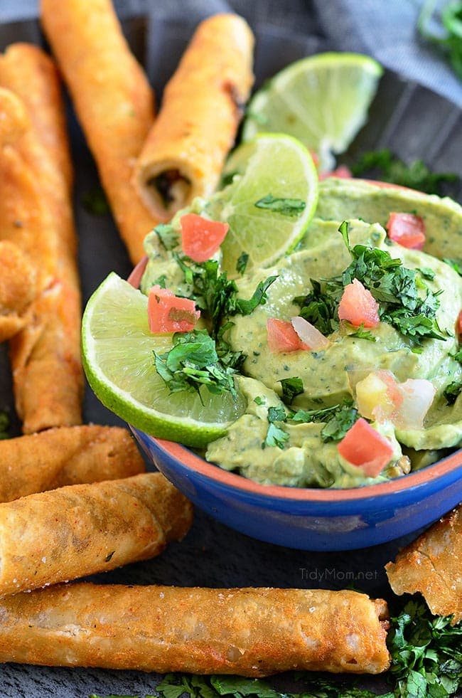 Avocado Creme Sauce with Crunchy Chicken and Cheese Taquitos the perfect snack anytime!