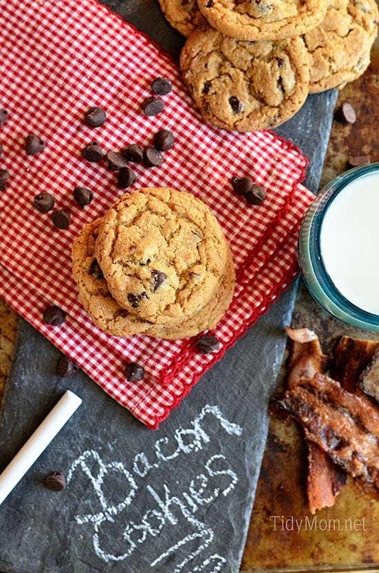 Candied Bacon Chocolate Chip Cookies on red checked napkin