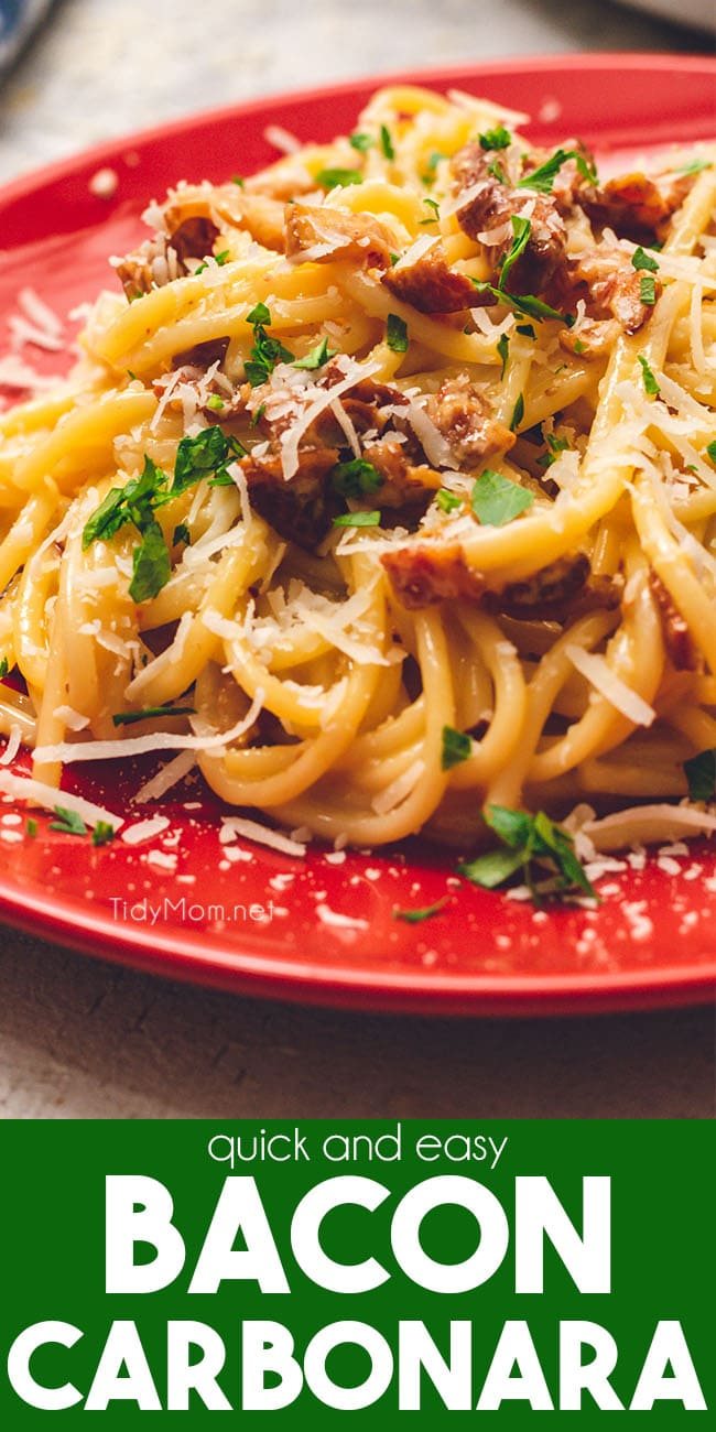 classic Bacon Carbonara on a red plate