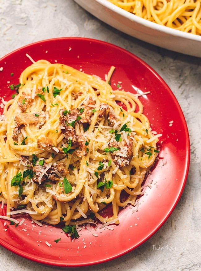 Delicious spaghetti Bacon Carbonara on a red plate