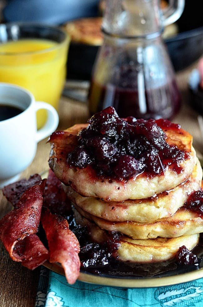 Turkey Bacon Pancakes with Cranberry Maple Syrup recipe at cetcu.com