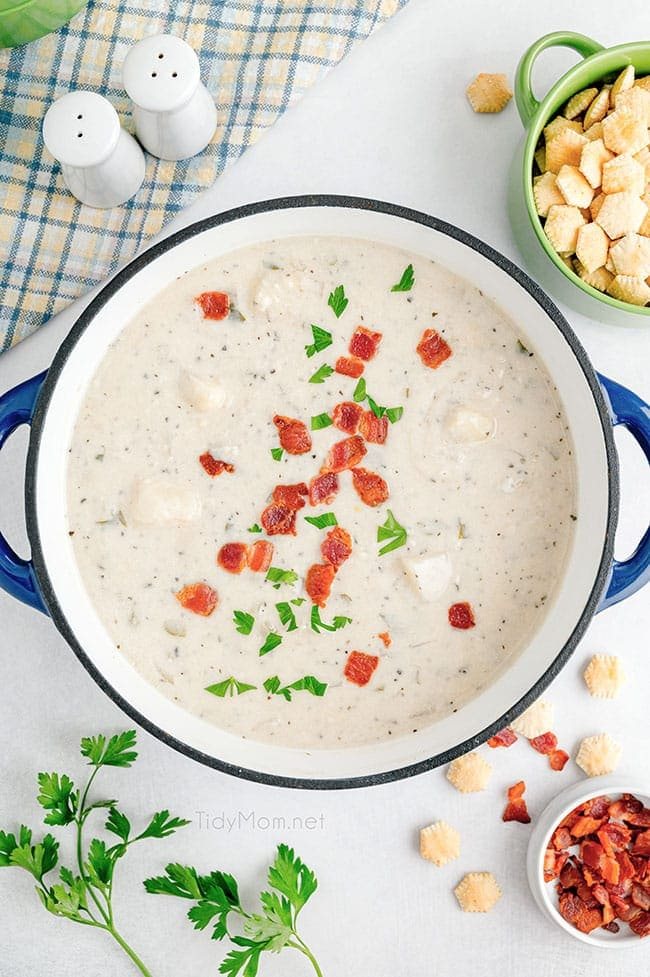bacon potato soup in a blue pot