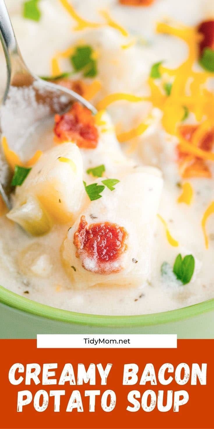 bacon potato soup close up on a spoon