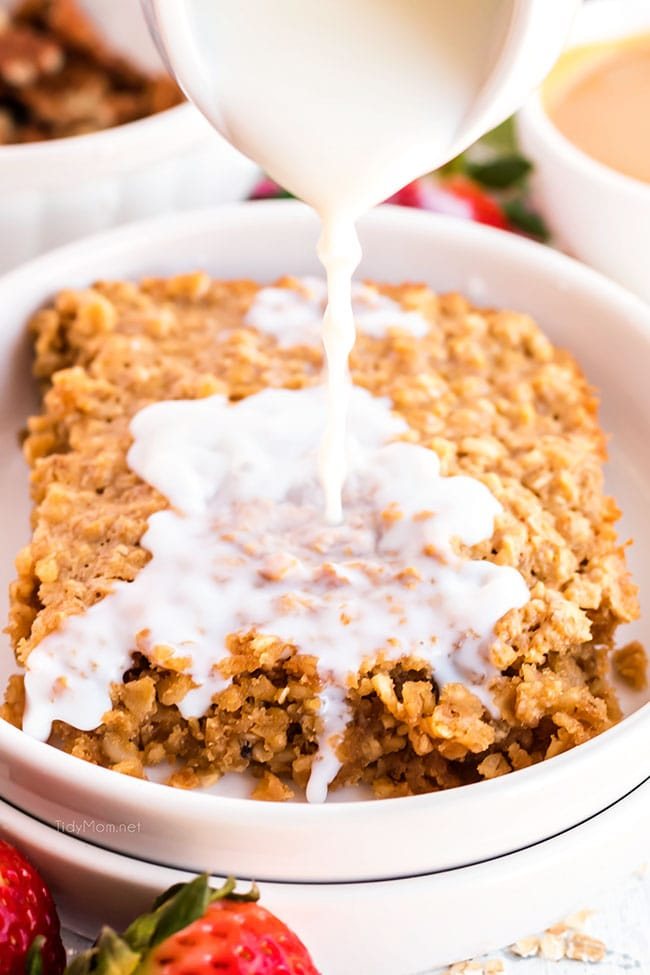 baked peanut butter oatmeal topped with milk