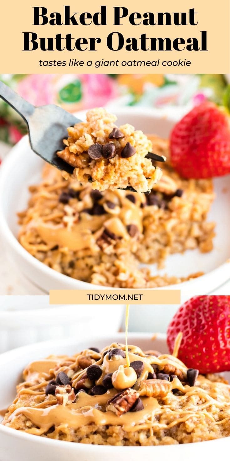 baked peanut butter oatmeal topped with chocolate chips, pecans and peanut butter drizzle collage