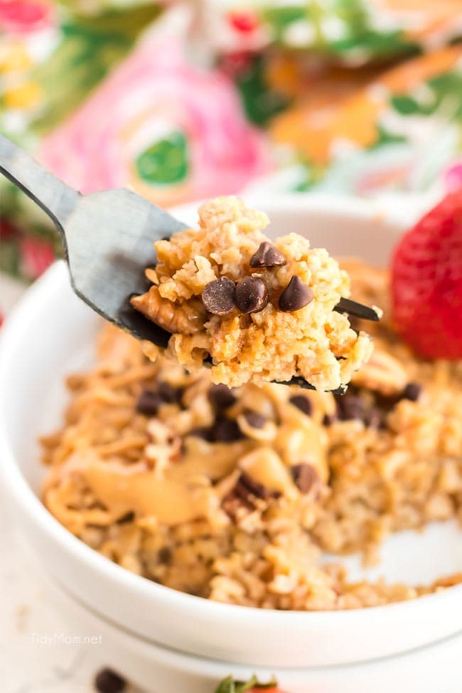 a bite of baked peanut butter oatmeal topped with chocolate chips and pecans on a fork