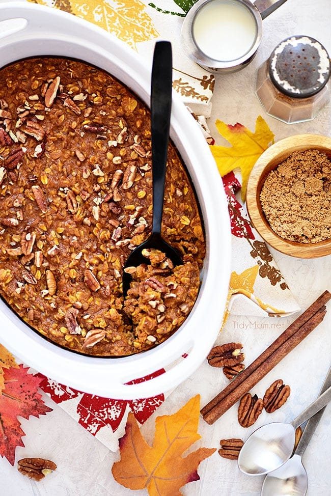 baked pumpkin oatmeal in a white baking dish
