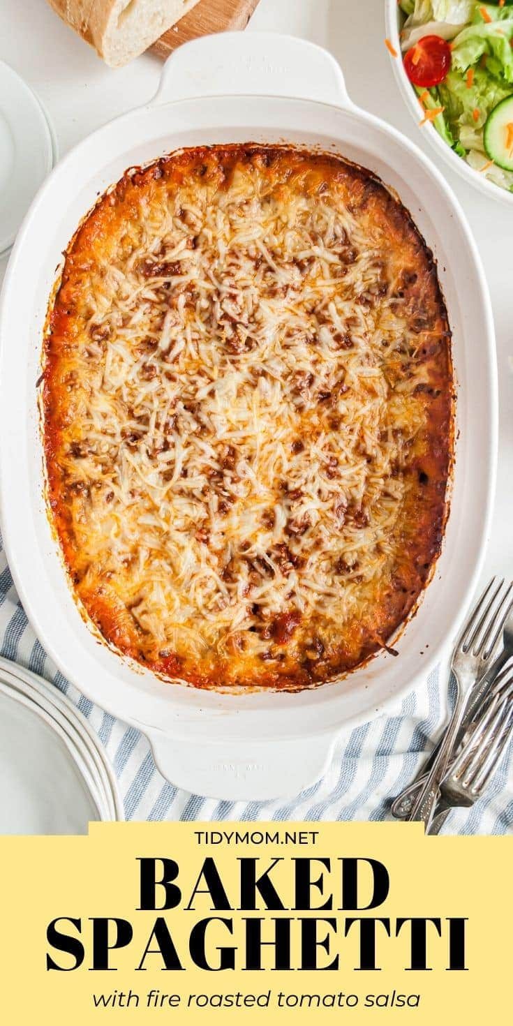 baked spaghetti in a white casserole dish
