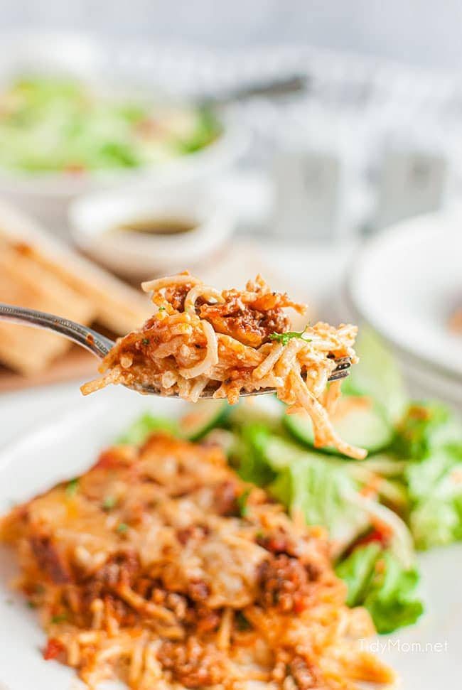 baked spaghetti on a fork