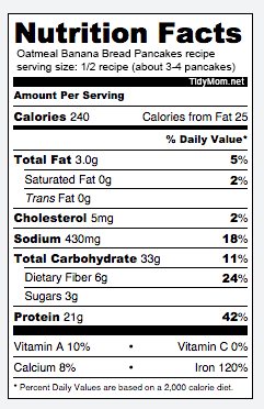 Nutrition information for Low Fat High Fiber Oatmeal Banana Bread Pancakes recipe at cetcu.com