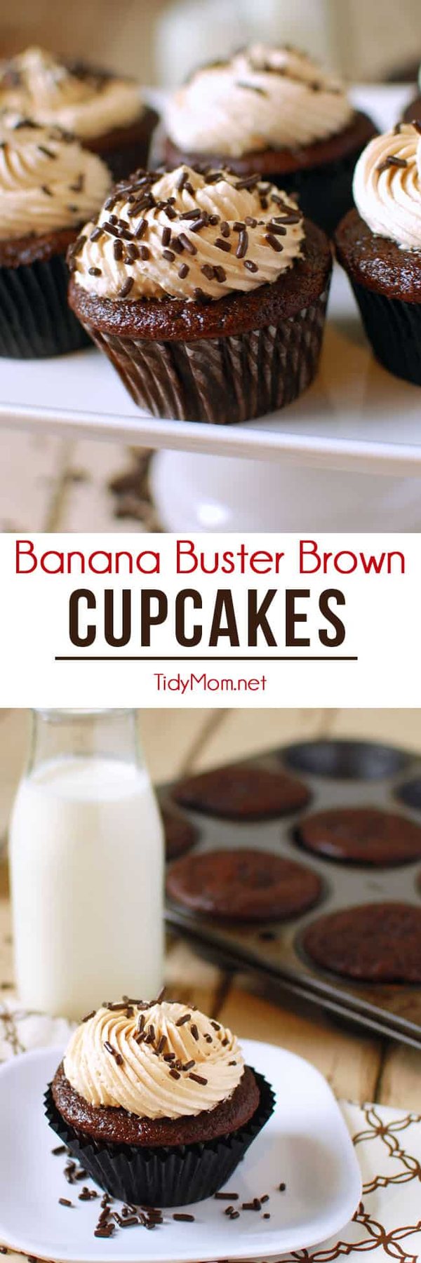 Banana Chocolate Cupcakes with Peanut Butter Frosting = Banana Buster Brown Cupcakes recipe at cetcu.com