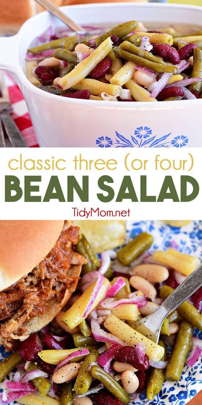 This easy classic Bean Salad recipe is a great side dish in the summer but yet hearty enough for a fall side as well! Quick to make, packed with flavor, and travels well making it perfect for potlucks! Print recipe at cetcu.com #sidedish #beansalad #summer #potluck #beans