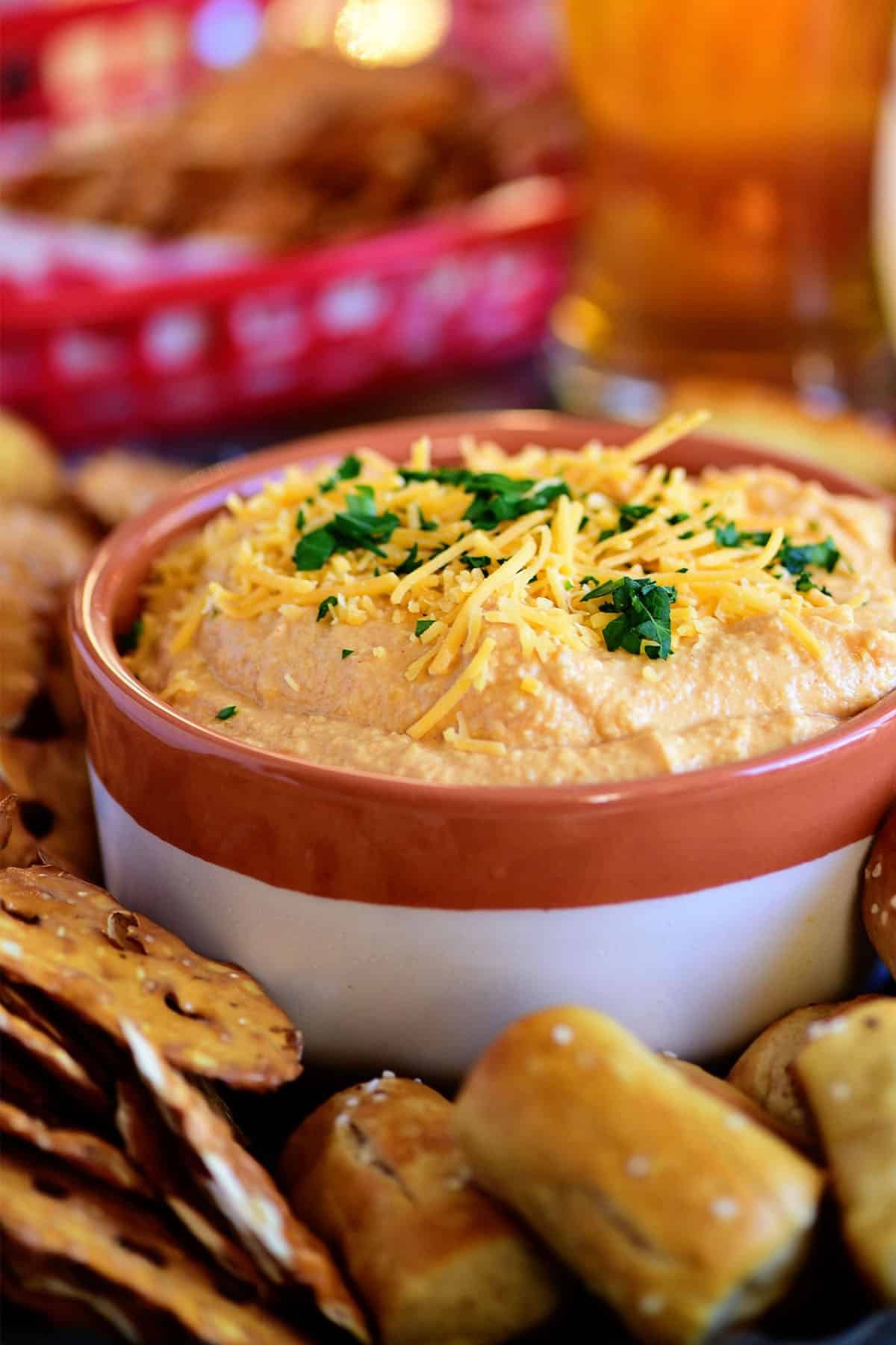 Pub-style Beer Cheese Dip with soft and hard pretzels