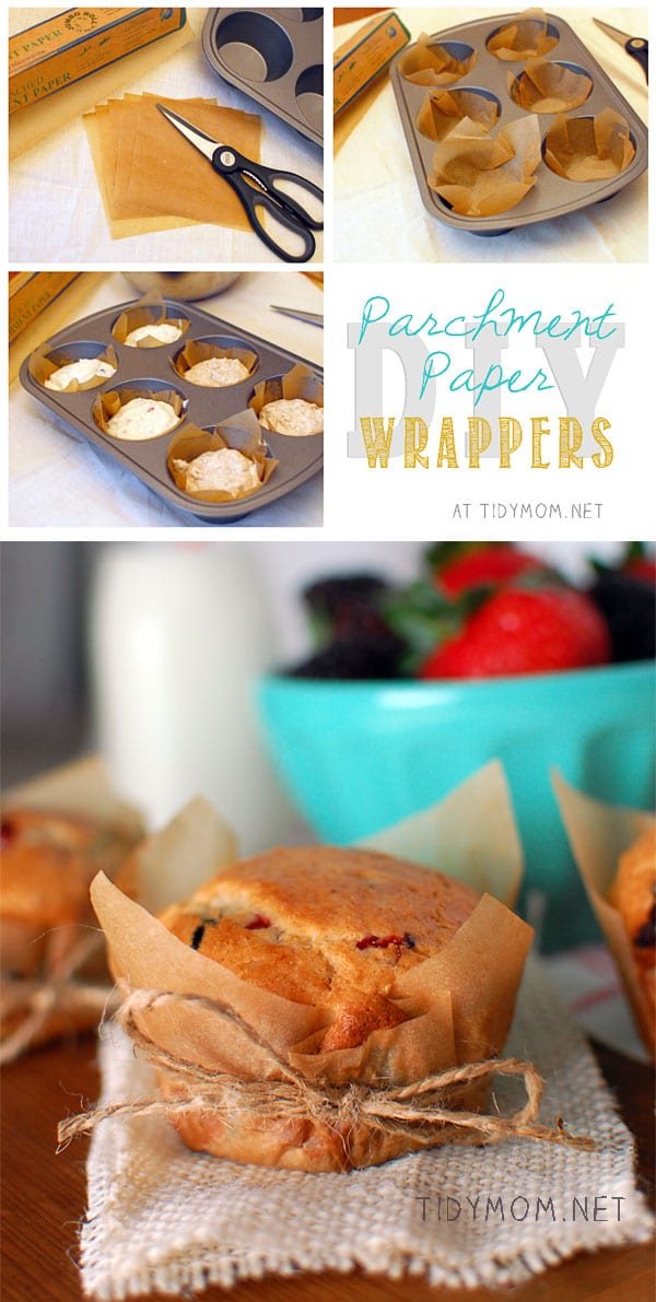 Crisp parchment paper wrappers give these MIXED BERRY MUFFINS a just from the bakery feel. Get the muffin recipe and wrapper tutorial at cetcu.com