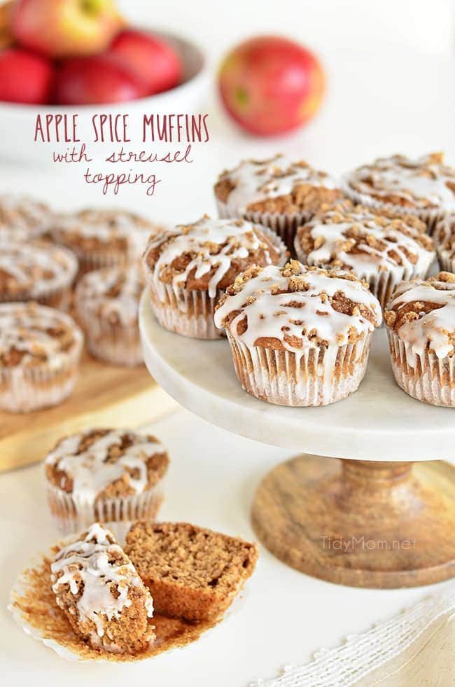 These Apple Spice muffins with Struesel Topping have a suprise ingredient that packs them with fiber!! Applesauce, spices, baked beans, crumb topping, vanilla glaze combine to create a delicious breakfast treat or afternoon snack. Bake a batch and enjoy the warm fall flavors! muffin recipe at cetcu.com