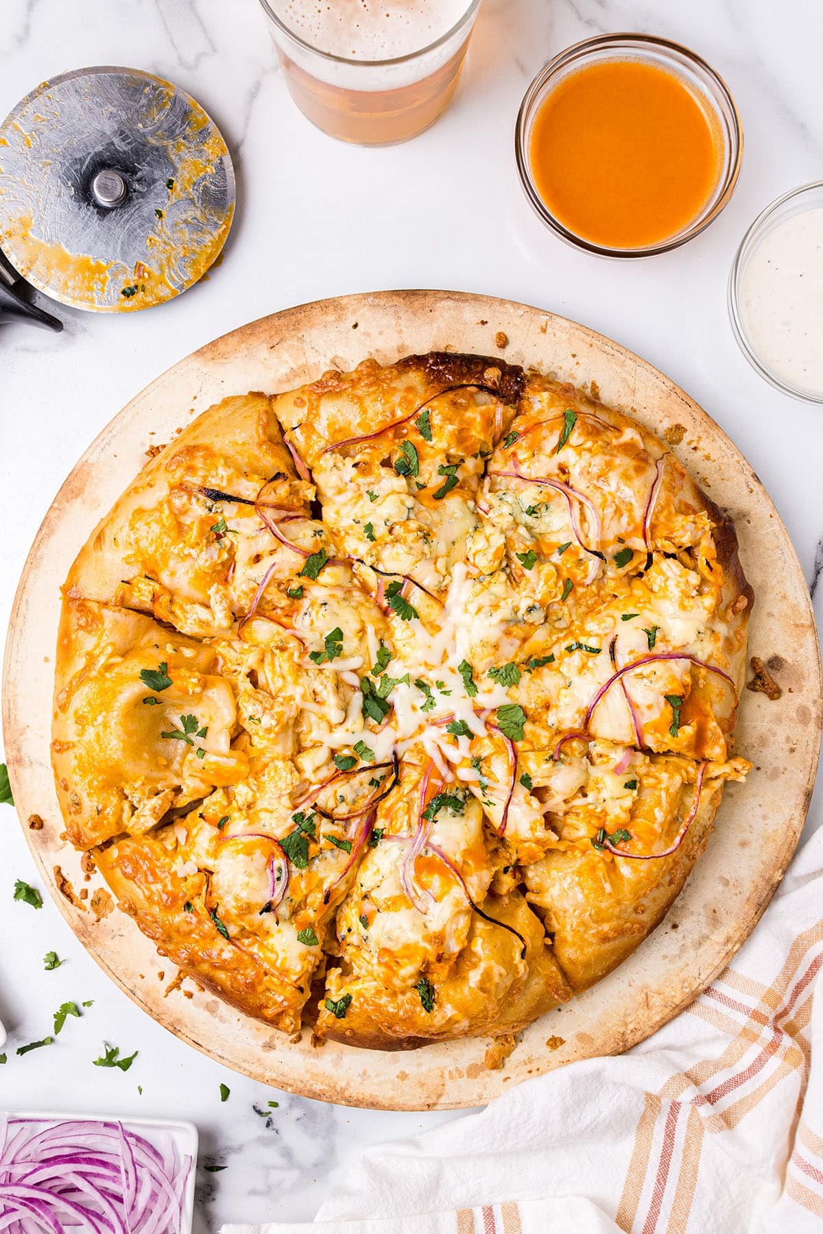 chicken pizza cut into slices
