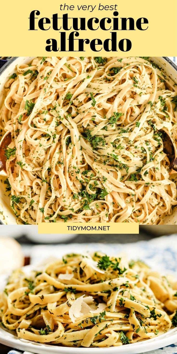 creamy fettuccine alfredo in a pot and on a plate