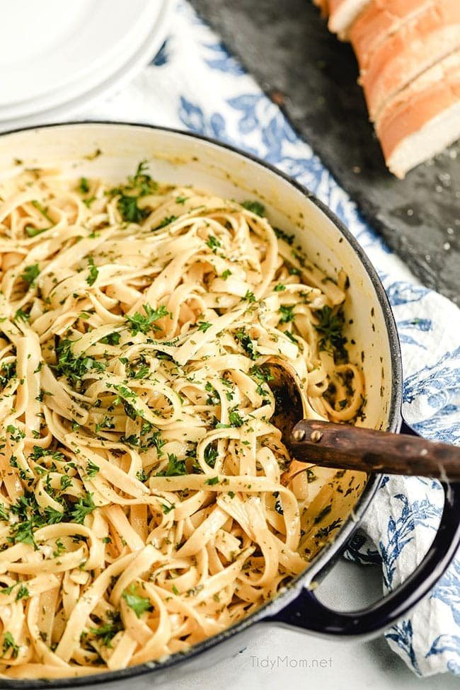 a pot of creamy fettuccine alfredo