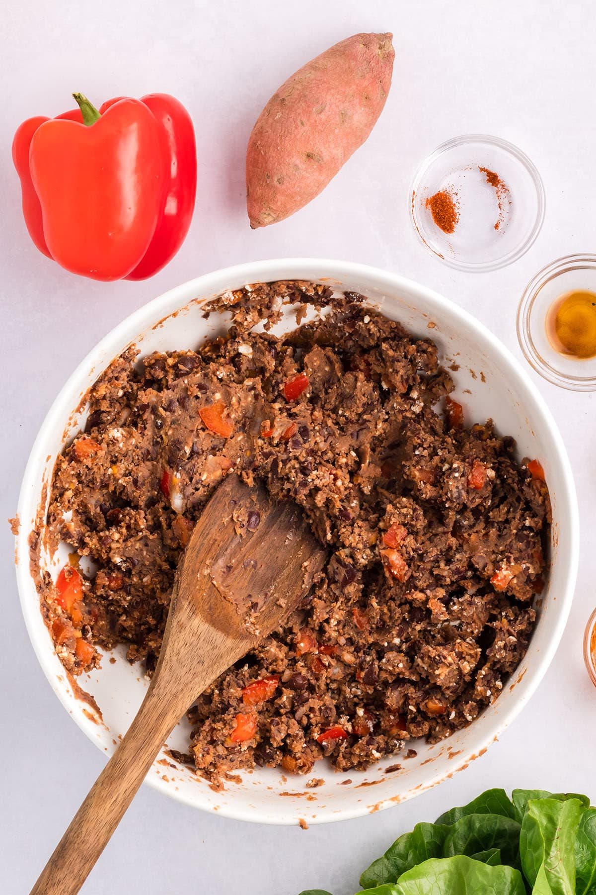 mixing black bean burger ingredients