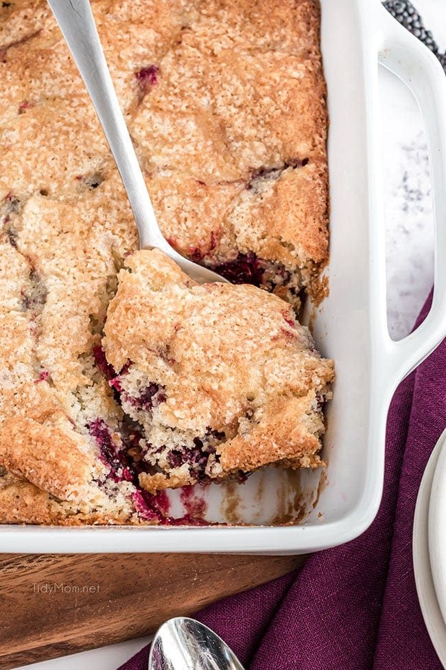 pan of blackberry cobbler with a spoon