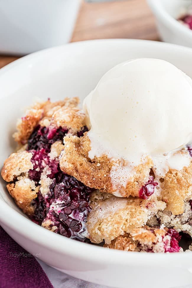 blackberry cobbler in a bowl with vanilla ice cream