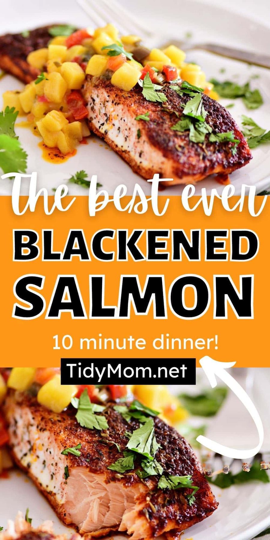 Salmon with mango salsa on a white plate