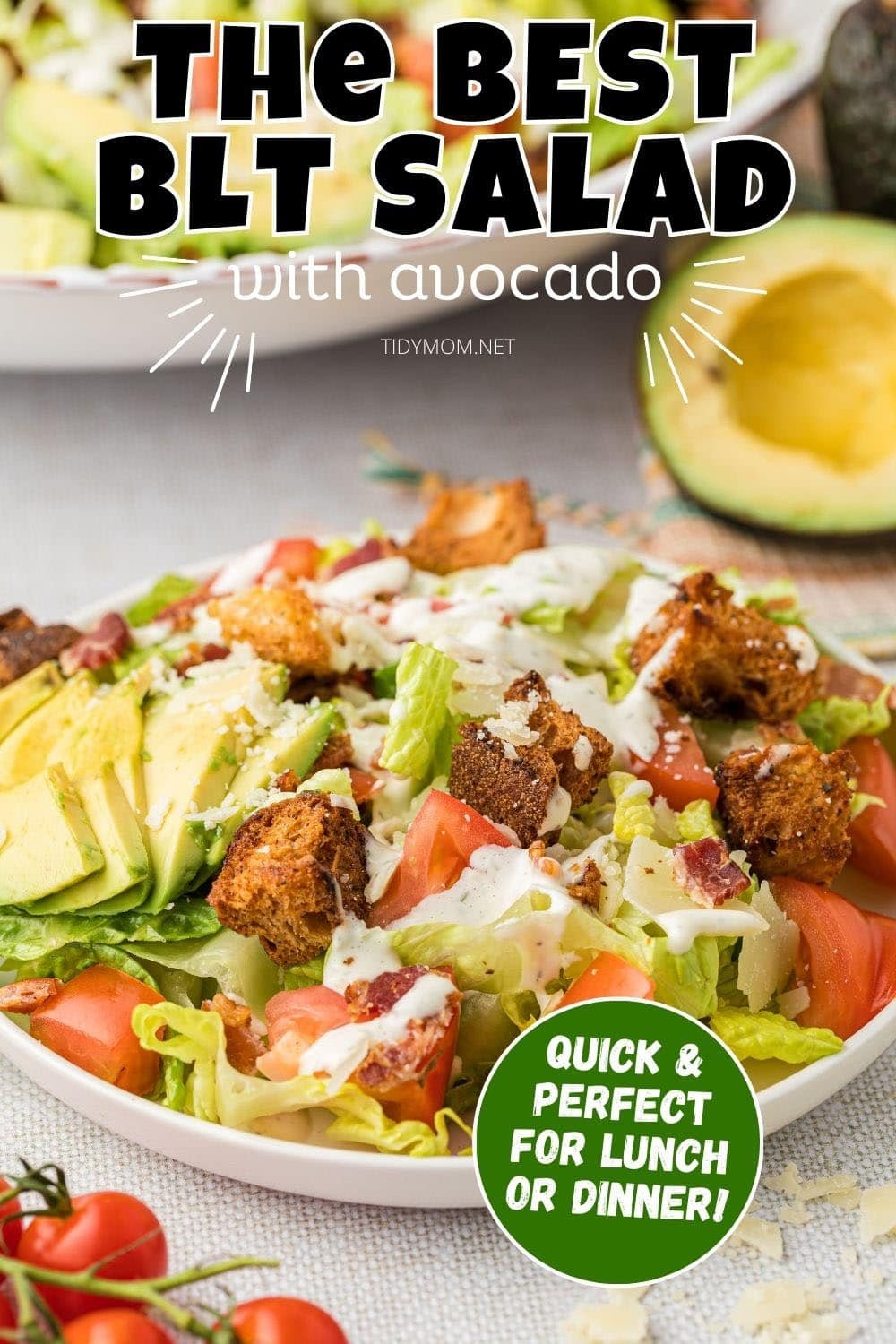 blt salad in a white bowl with creamy dressing