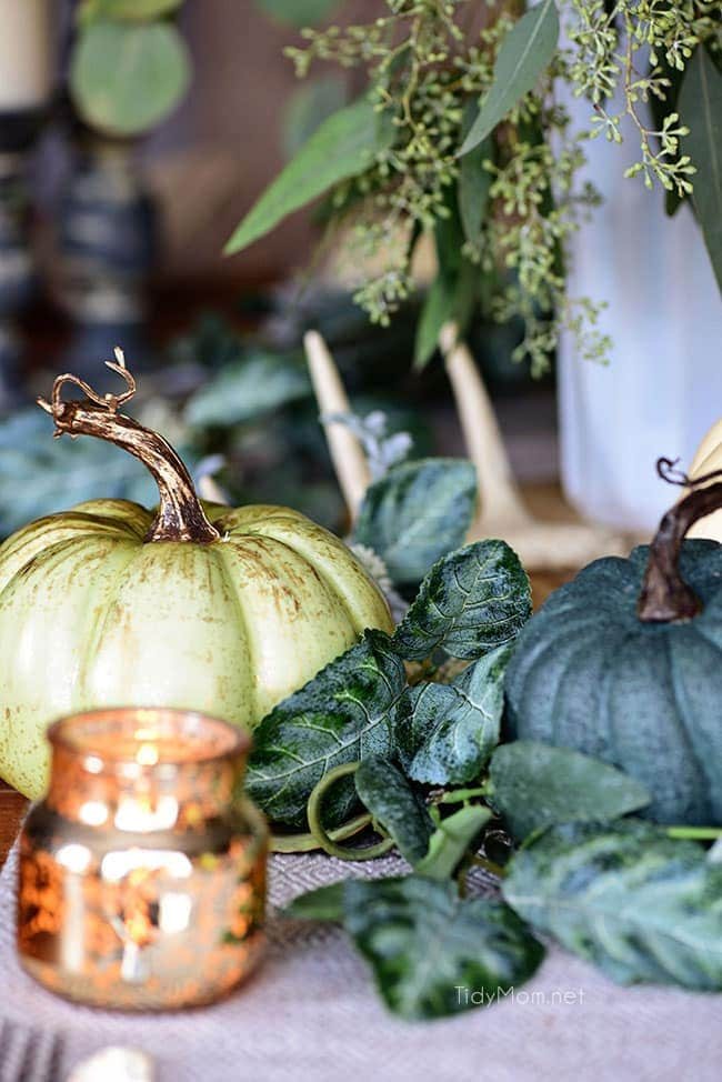 Blue and Green Pumpkins: Seasonal Simplicity — Blue and Green Fall Tablescape with simple eucalyptus and pumpkins fall centerpiece . Get all the details along with 20+ Fall Home Tours at cetcu.com