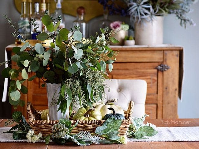 Seasonal Simplicity - Eucalyptus Fall Centerpiece with blue and green pumpkins + Fall Tablescape. Get all the details along with 20+ Fall Home Tours at cetcu.com