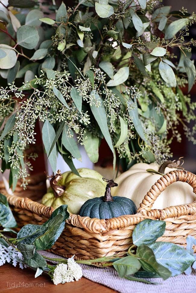 Seasonal Simplicity - Eucalyptus Fall Centerpiece with blue and green pumpkins + Fall Tablescape. Get all the details along with 20+ Fall Home Tours at cetcu.com