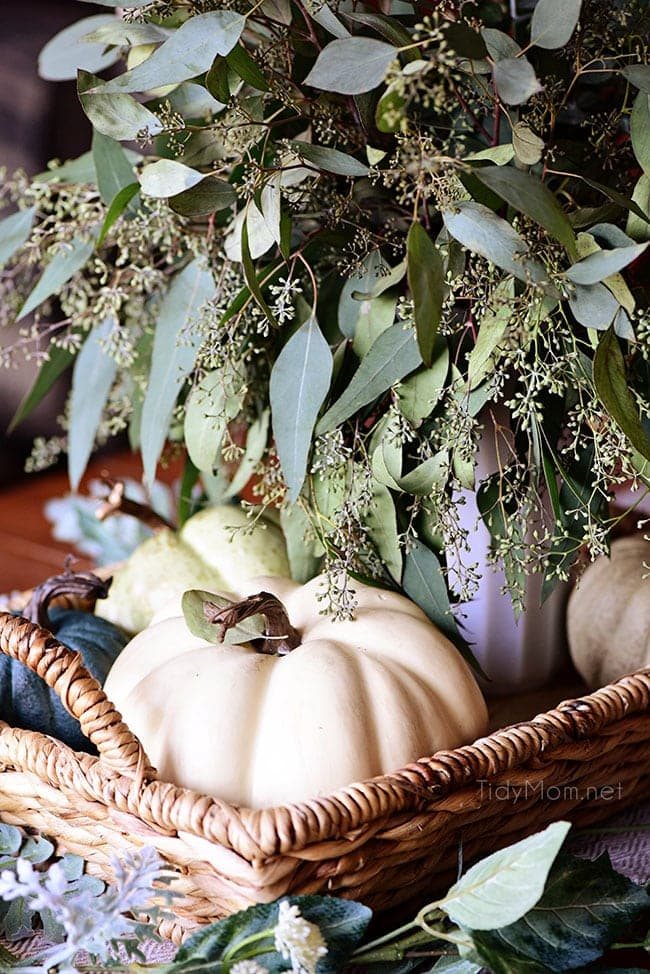 Seasonal Simplicity - Eucalyptus Fall Centerpiece with blue and green pumpkins + Fall Tablescape. Get all the details along with 20+ Fall Home Tours at cetcu.com