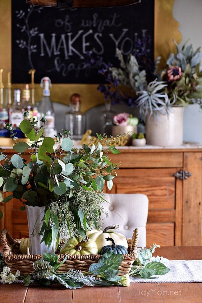 Seasonal Simplicity - Eucalyptus Fall Centerpiece with blue and green pumpkins + Fall Tablescape. Get all the details along with 20+ Fall Home Tours at cetcu.com
