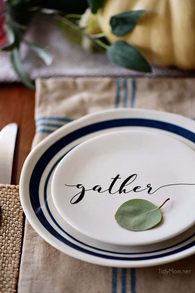 Gather Plate: Seasonal Simplicity Fall Tablescape Fall entertaining. Simple and elegant green and blue fall talbe and fall centerpiece. Get all the details along with 20+ Fall Home Tours at cetcu.com