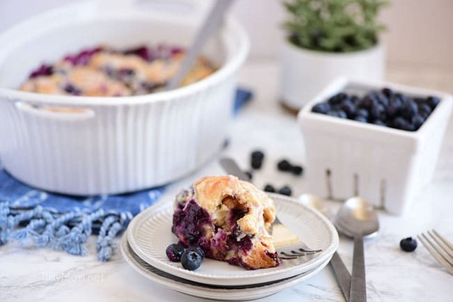 Blueberry Breakfast Casserole dish and serving on a plate